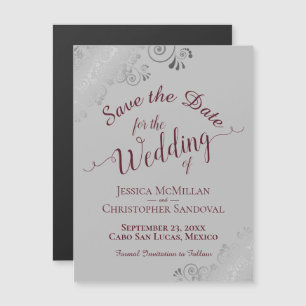Burgundy on Grey Silver Lace Save the Date Magnet