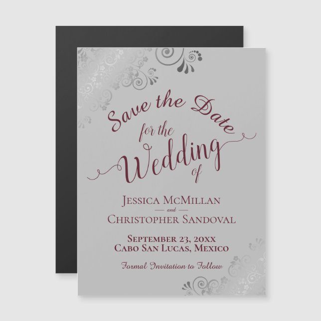 Burgundy on Grey Silver Lace Save the Date Magnet (Front/Back)