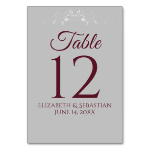 Burgundy on Grey with Silver Flourish Wedding Table Number