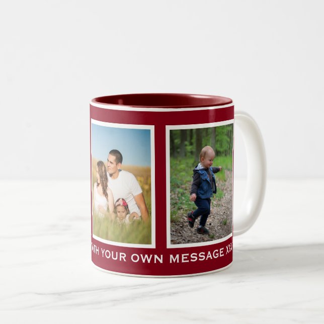 Burgundy or Custom Colour 3 Photo Personalised Two-Tone Coffee Mug (Front Right)
