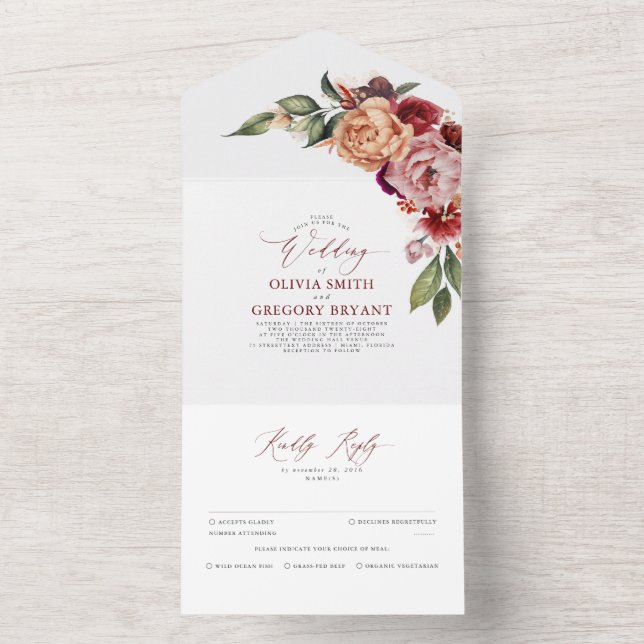 Burgundy Orange and Pink Floral Chic Fall All In One Invitation (Inside)
