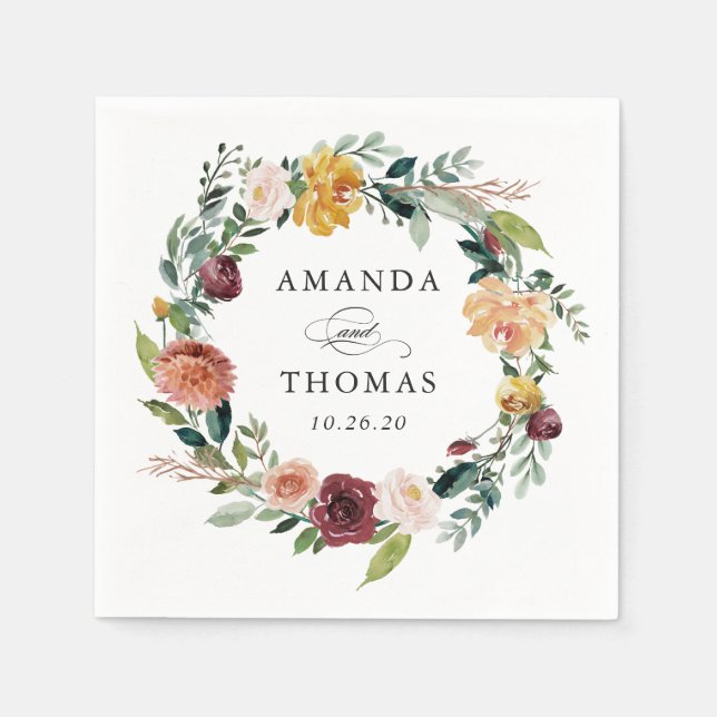 Burgundy Orange Autumn Fall Floral Wreath Wedding Napkin (Front)