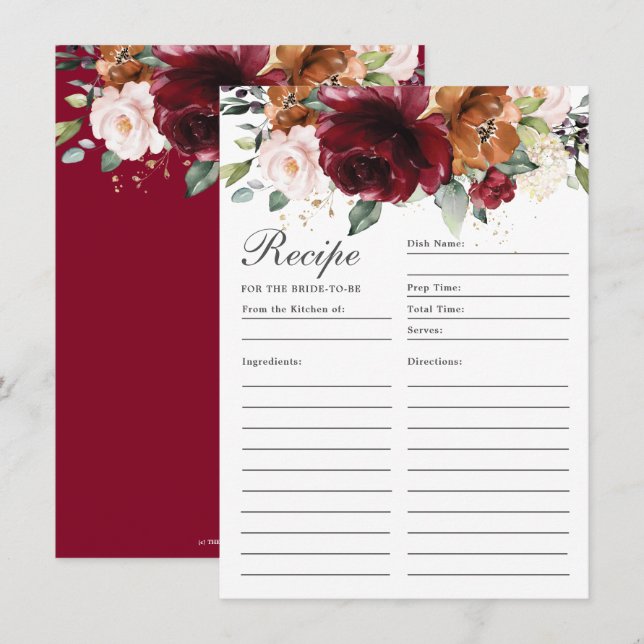 Burgundy Orange Blush Floral Recipe For Bride Card (Front/Back)