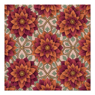 Burgundy Orange Dahlia Geometric Lattice Pattern Poster