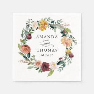 Burgundy Orange Fall Floral Wedding Napkins