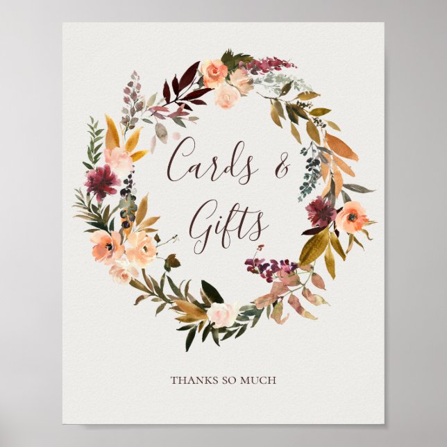 Burgundy Orange Floral Beige Cards and Gifts Sign  (Front)