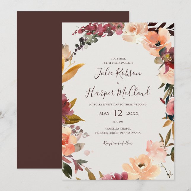 Burgundy Orange Floral | Beige Casual Wedding Invitation (Front/Back)