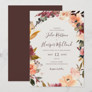 Burgundy Orange Floral   Beige Casual Wedding Invitation