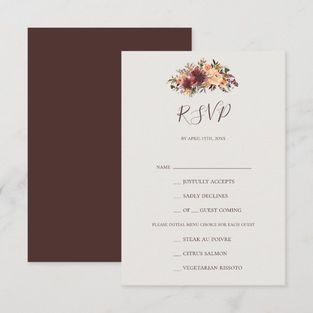 Burgundy Orange Floral Beige Menu Choice RSVP Card (Front/Back)