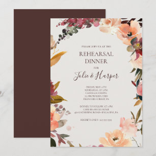 Burgundy Orange Floral Beige Rehearsal Dinner Invitation