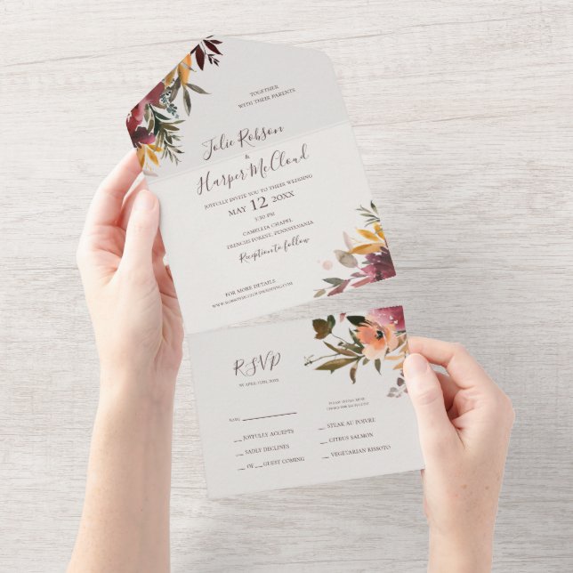 Burgundy Orange Floral | Beige Seal And Send All In One Invitation (Tearaway)
