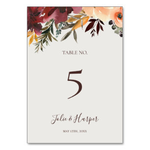 Burgundy Orange Floral   Beige Table Number