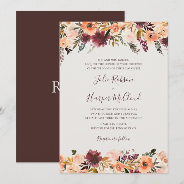 Burgundy Orange Floral | Beige Traditional Wedding Invitation (Front/Back)