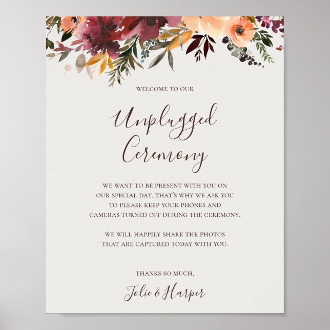 Burgundy Orange Floral | Beige Unplugged Ceremony Poster (Front)