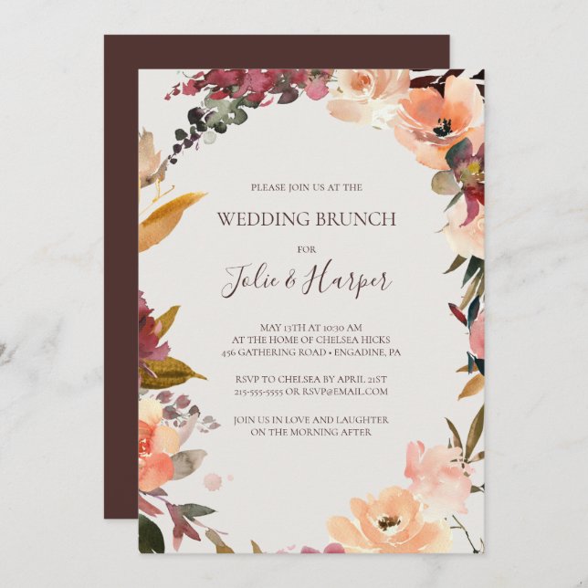 Burgundy Orange Floral | Beige Wedding Brunch Invitation (Front/Back)