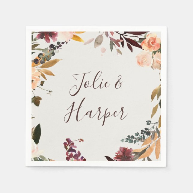 Burgundy Orange Floral | Beige Wedding Napkins (Front)