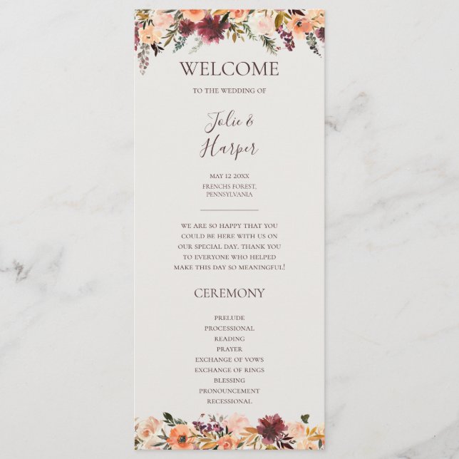 Burgundy Orange Floral | Beige Wedding Program (Front)