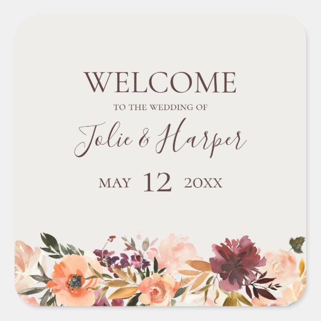 Burgundy Orange Floral | Beige Wedding Welcome Square Sticker (Front)