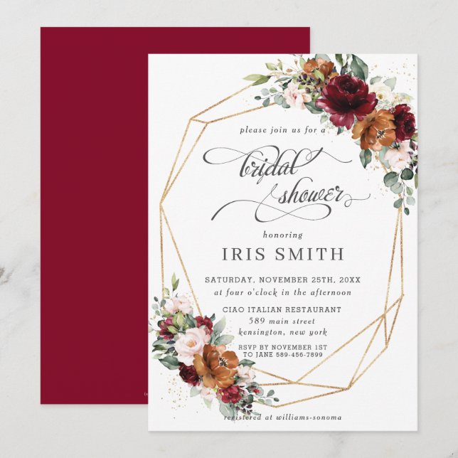 Burgundy Orange Floral Bridal Shower Geometric Invitation (Front/Back)