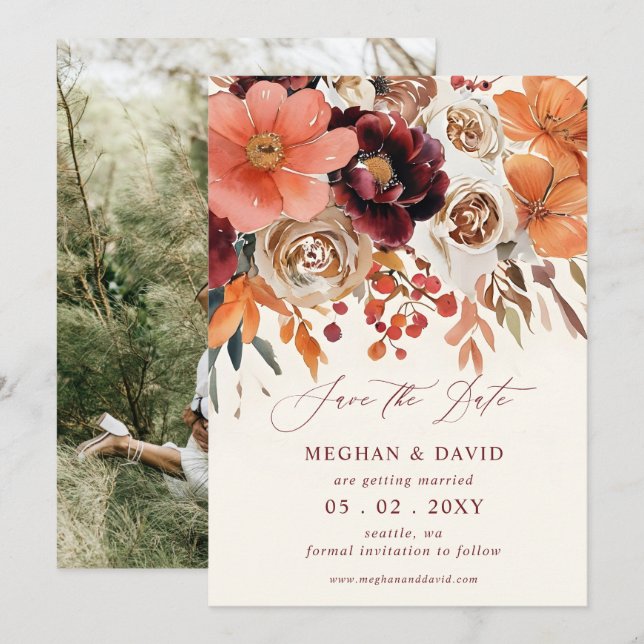 Burgundy Orange Floral Fall Photo Save The Date (Front/Back)