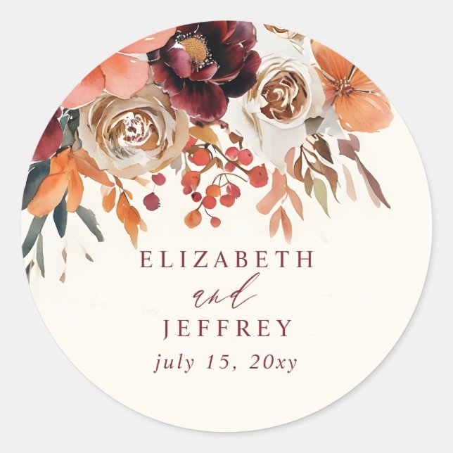 Burgundy Orange Floral Fall Wedding Classic Round Sticker (Front)