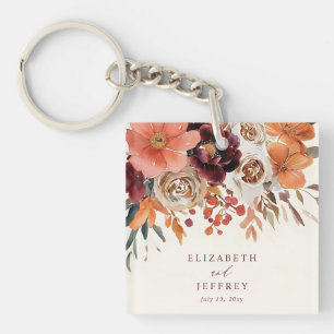 Burgundy Orange Floral Fall Wedding Keychain