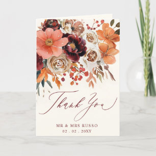 Burgundy Orange Floral Fall Wedding Photo Thank You Card