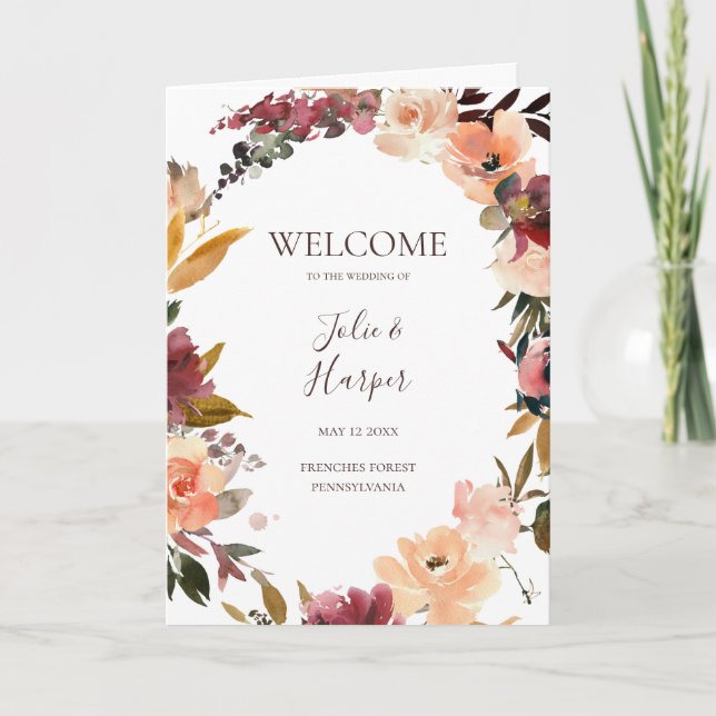 Burgundy Orange Floral Folded Wedding Program (Front)