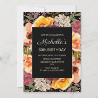 Burgundy Orange Floral Gold Black 80th Birthday