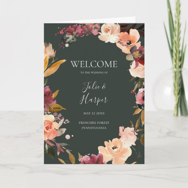 Burgundy Orange Floral | Green Folded Wedding Program (Front)