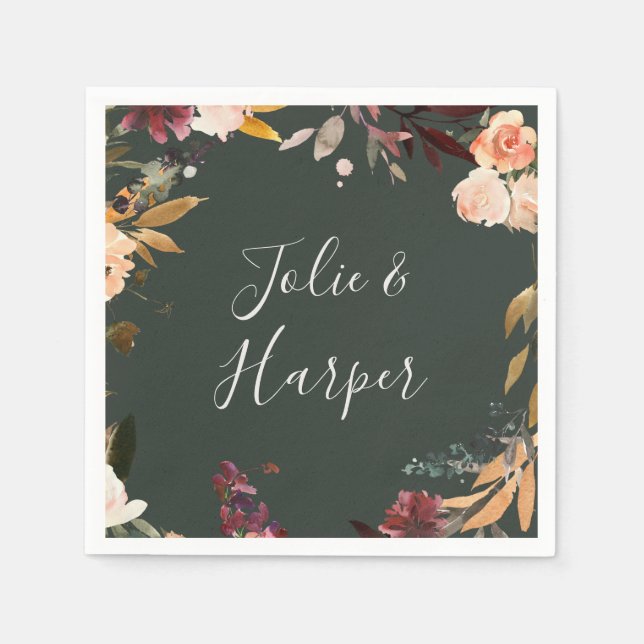 Burgundy Orange Floral | Green Wedding Napkins (Front)