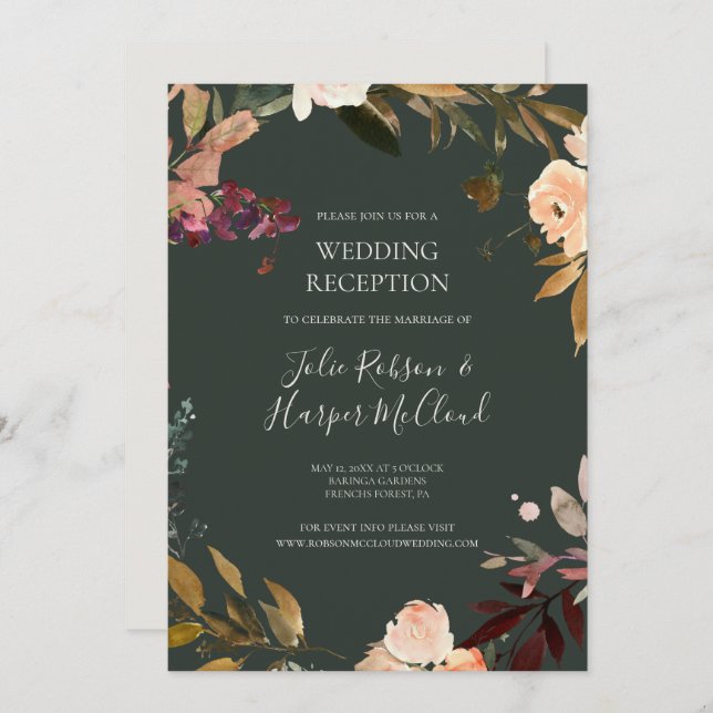 Burgundy Orange Floral | Green Wedding Reception Invitation (Front/Back)