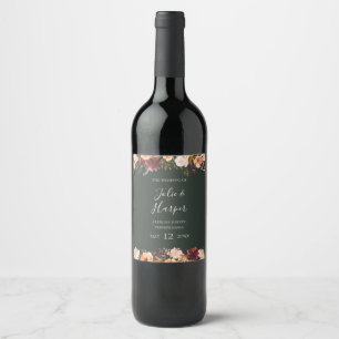 Burgundy Orange Floral   Green Wedding Wine Label