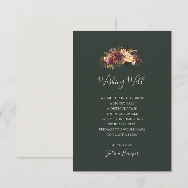 Burgundy Orange Floral Green Wedding Wishing Well Enclosure Card (Front/Back)
