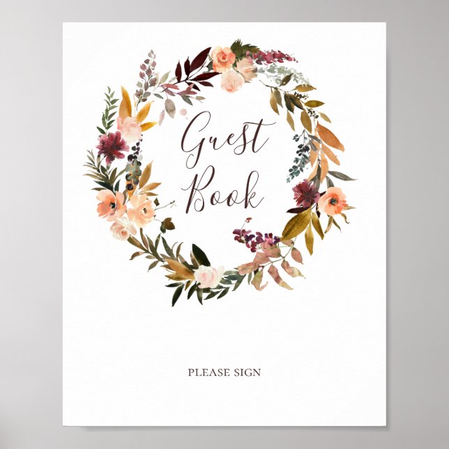 Burgundy Orange Floral Guest Book Sign (Front)