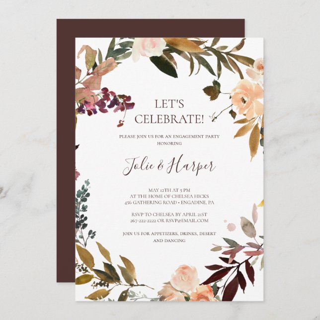 Burgundy Orange Floral Let's Celebrate Invitation (Front/Back)