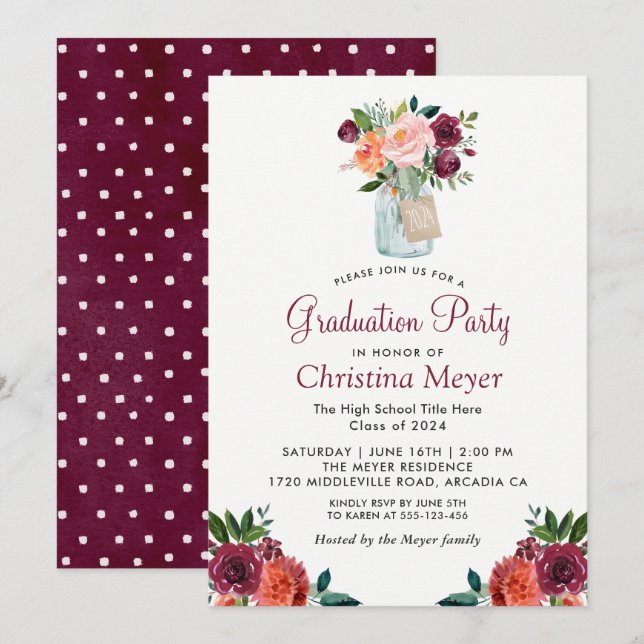 Burgundy Orange Floral Mason Jar Graduation Party Invitation (Front/Back)