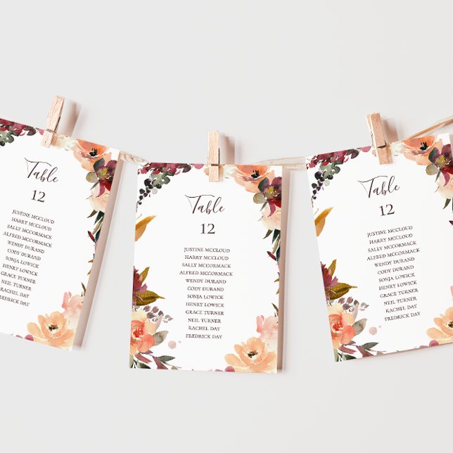 Burgundy Orange Floral Table Number Seating Chart (Creator Uploaded)