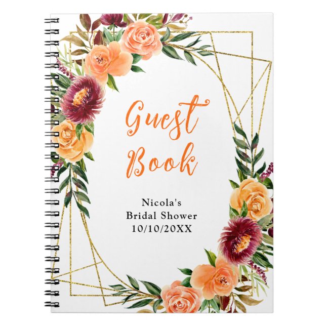 Burgundy Orange Flowers Bridal Shower Guest Book (Front)