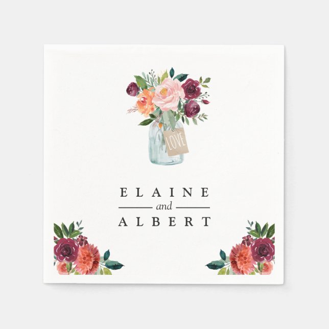Burgundy Orange Flowers Mason Jar Wedding Paper Napkin (Front)