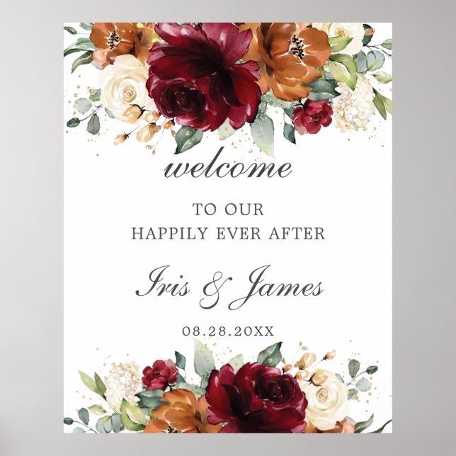 Burgundy Orange Ivory Floral Wedding Welcome Sign (Front)