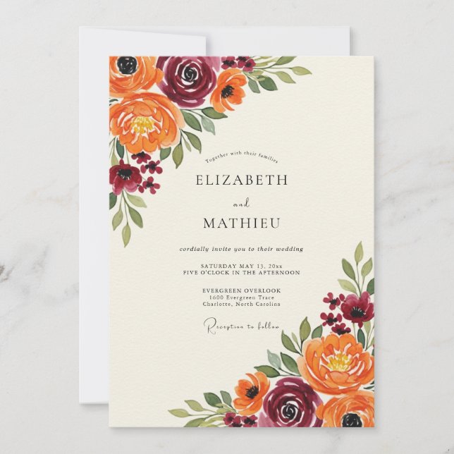 Burgundy Orange Painterly Bloom Wedding Invitation (Front)
