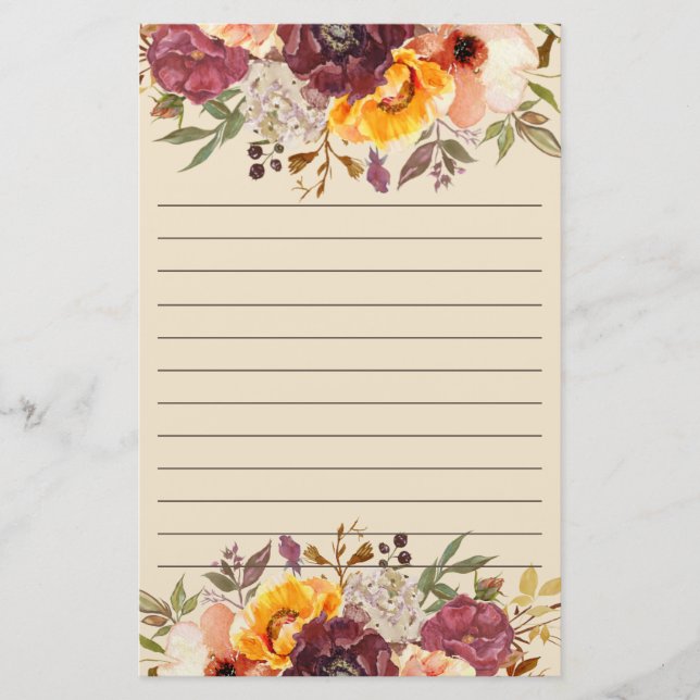Burgundy Orange Pink Floral Lined Stationery (Front)