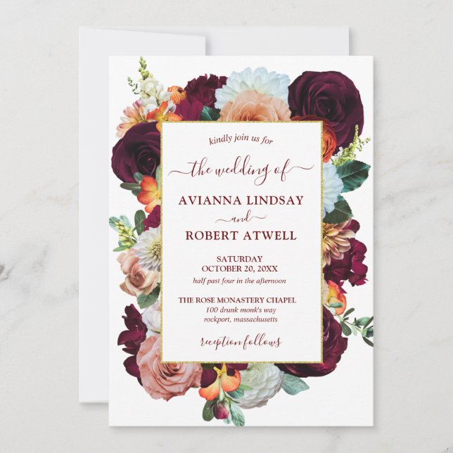 Burgundy Orange Pink Floral Love Wedding Invitation (Front)