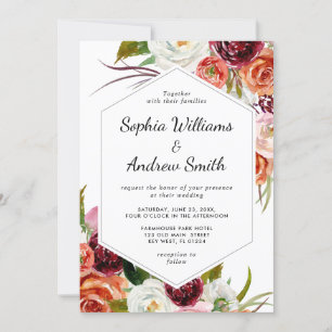 Burgundy & Orange Rose Floral Wedding Invitation