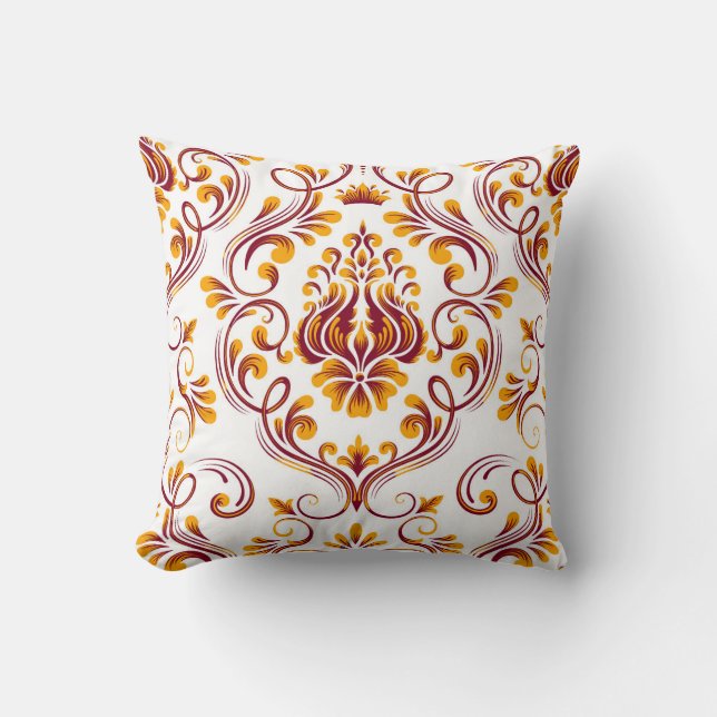 Burgundy Orange White Damask Floral Pattern  Throw Pillow (Front)