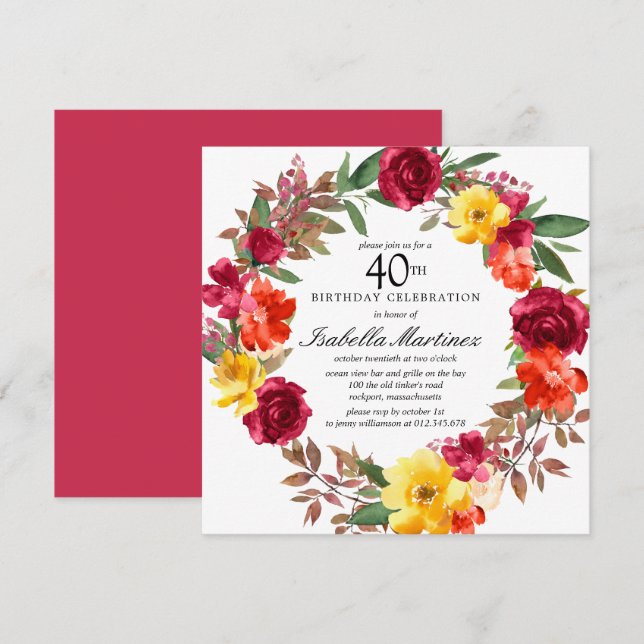 Burgundy Orange Yellow Floral Wreath 40th Birthday Invitation (Front/Back)