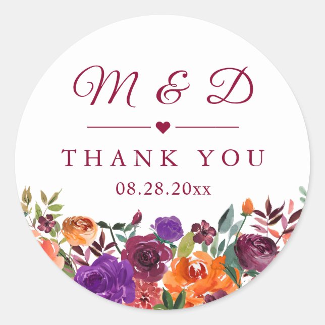 Burgundy Organ Floral Monogram Wedding Favour Classic Round Sticker (Front)