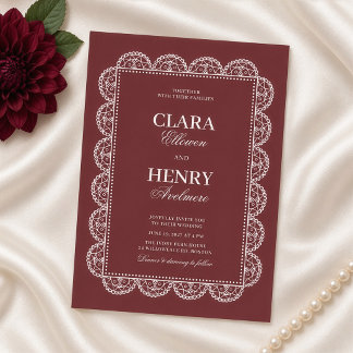 Burgundy Ornate Lace Frame Wedding Invitation