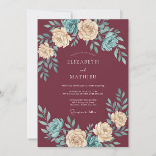 Burgundy Ornate Teal Rose Wedding Invitation